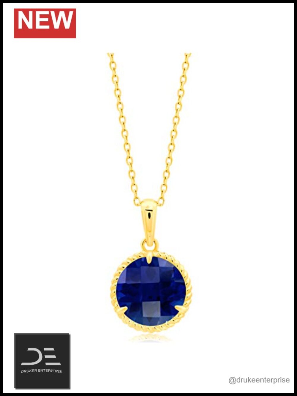 14k Yellow Gold Roped Halo Blue Sapphire Pendant Necklace 18 Inch